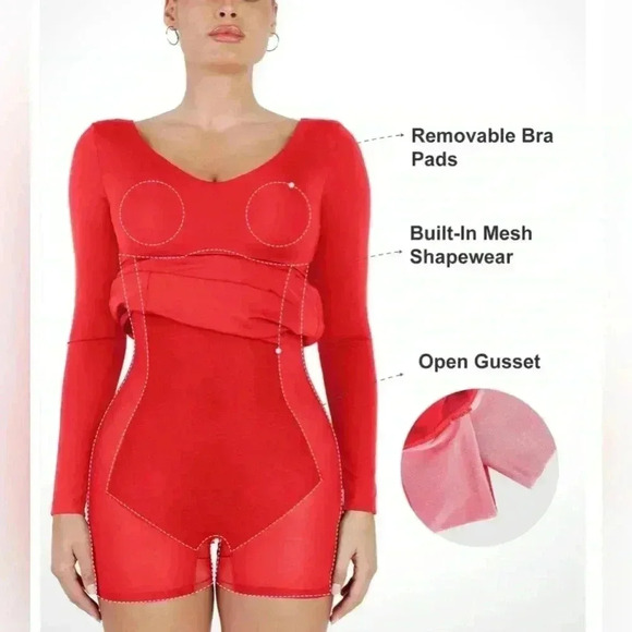 POPILUSH Shapewear Long Sleeve V-Neck Low Back Slimming Maxi Dress Holiday Red - Picture 2 of 8